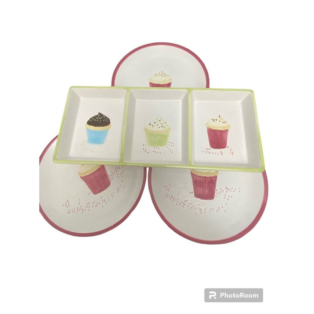 Dessert Plates Set, 3 W/ Serving Tray,‎ Oneida Sprinkles.